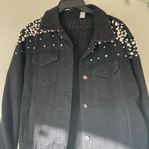Black Denim Jacket with Pearl Embellishments